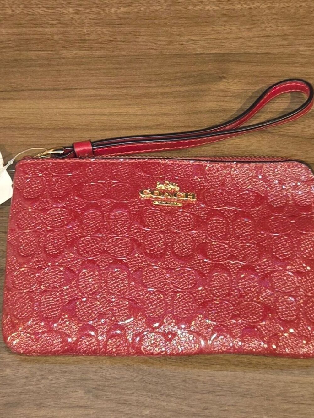 Coach Red Signature Debossed Patent Leather Zip Wristlet Pouch NWT NEW